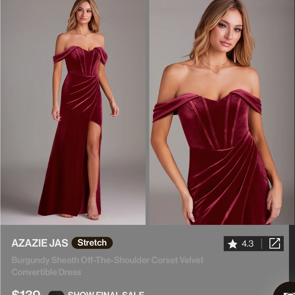 Azazie Burgundy Pleated Off-the-Shoulder Gown